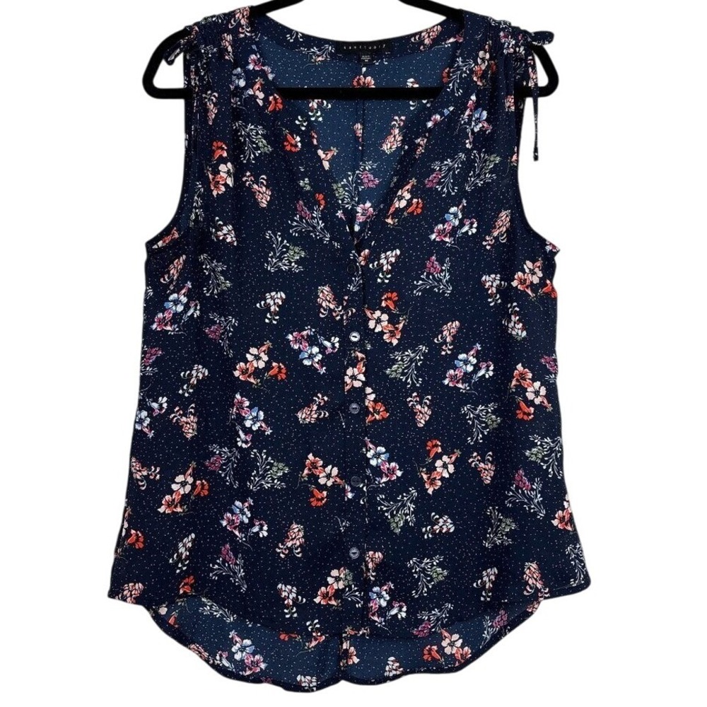 Sanctuary Sleeveless Floral Blouse Women's Medium Navy Button Front Tie Shoulder